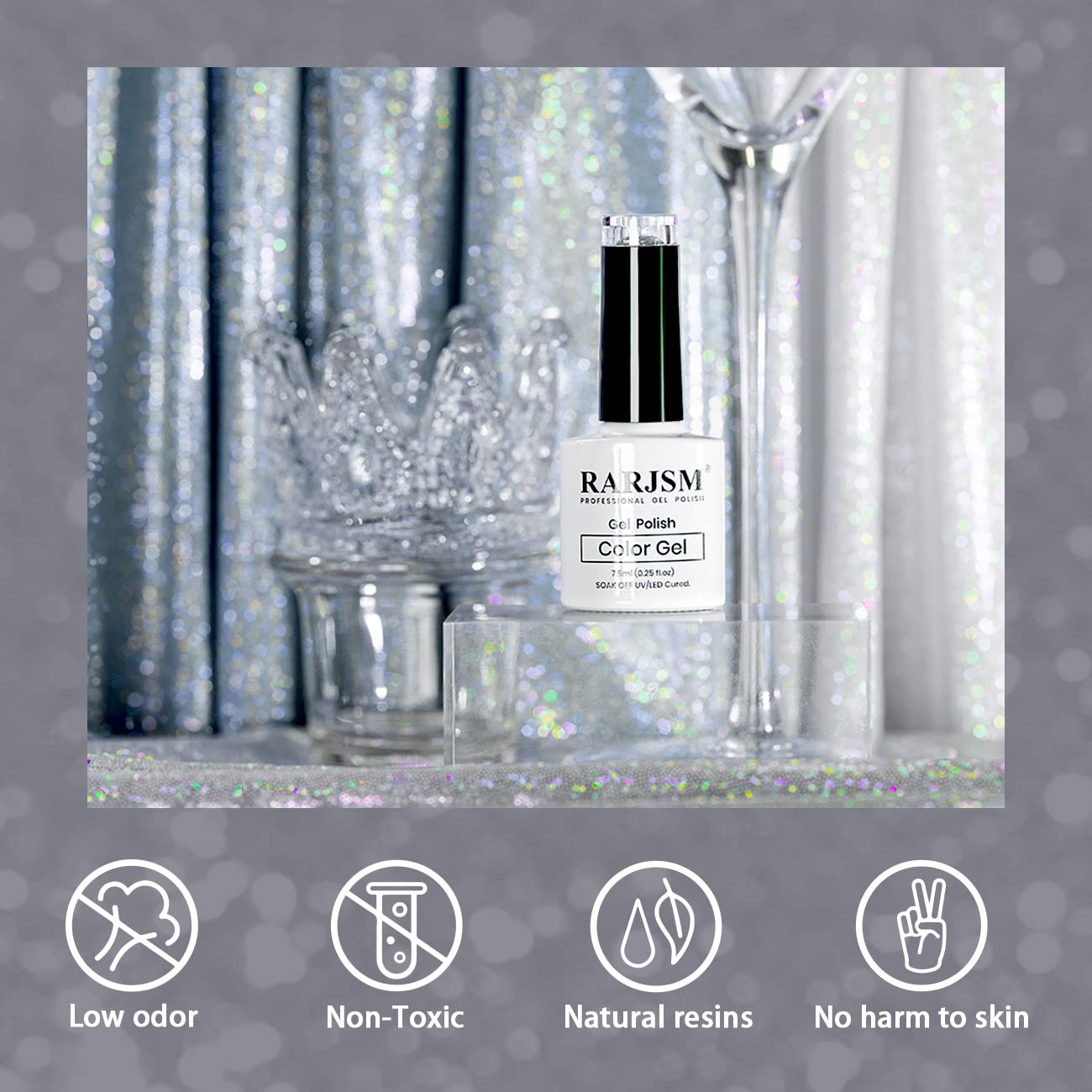 RARJSM Reflective Gel Polish label detail focusing on safe low odor formula