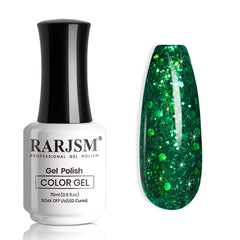 RARJSM green glitter gel polish bottle pour demonstrates easy application for at-home manicures.
