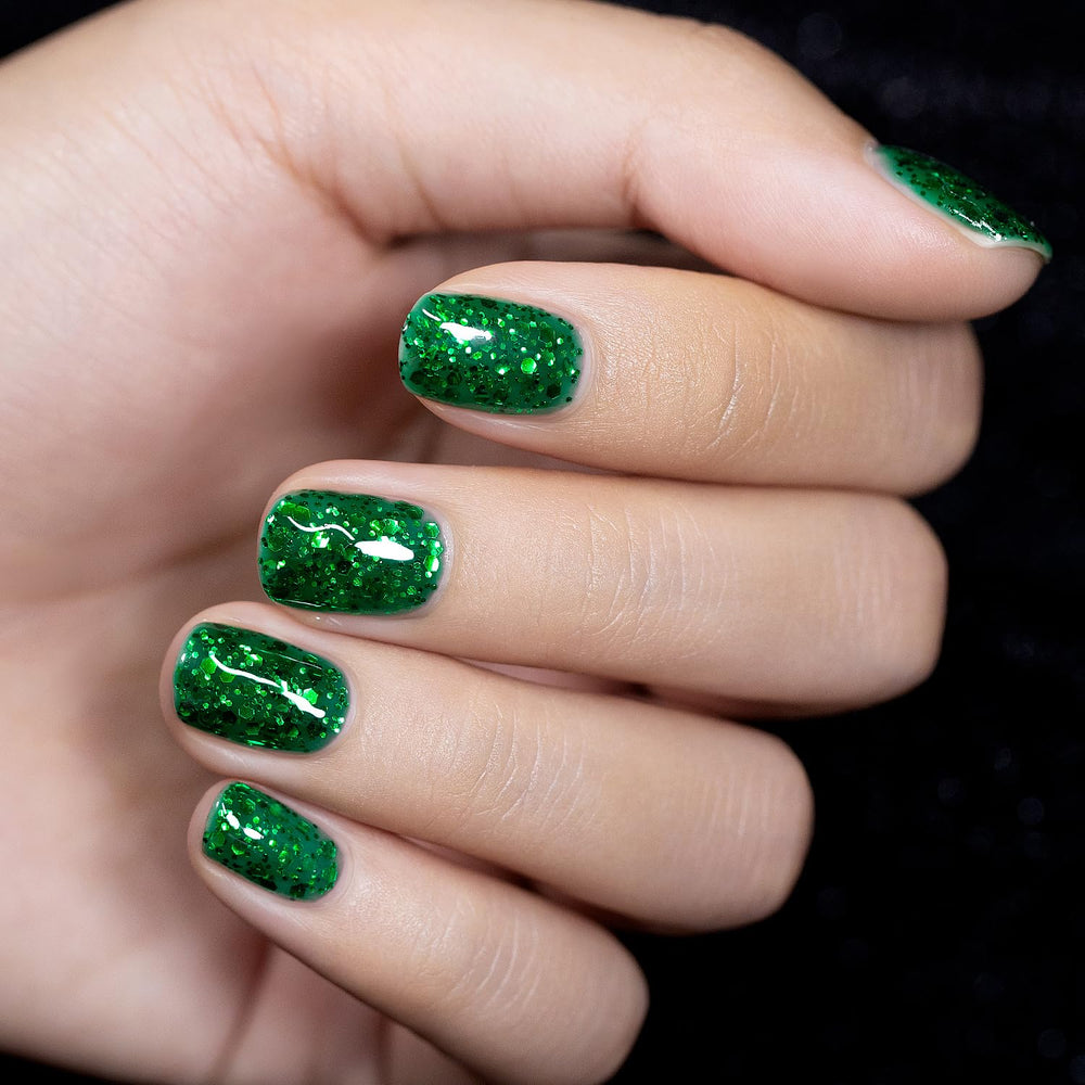 RARJSM green sparkle gel nail polish swatches highlight versatile color for stylish looks.