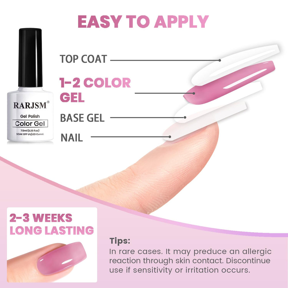 RARJSM jelly gel polishes cure under LED/UV for long-lasting shine.