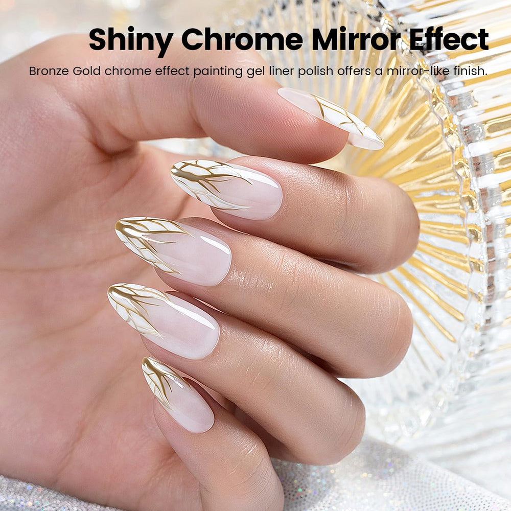 RARJSM chrome mirror finish gel liner applied to a nail for futuristic style