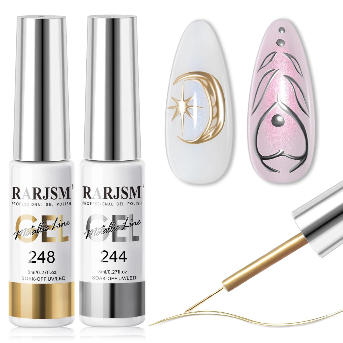 RARJSM metallic gel liner silver bottle close-up with mirror shine for chic nails