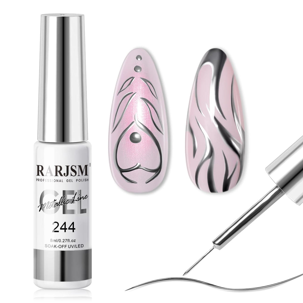 RARJSM Metallic Silver Gel Liner bottle pour showing sleek chrome finish for nail art.