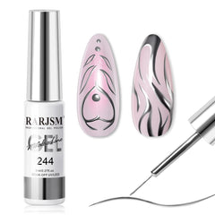RARJSM Metallic Silver Gel Liner bottle pour showing sleek chrome finish for nail art.
