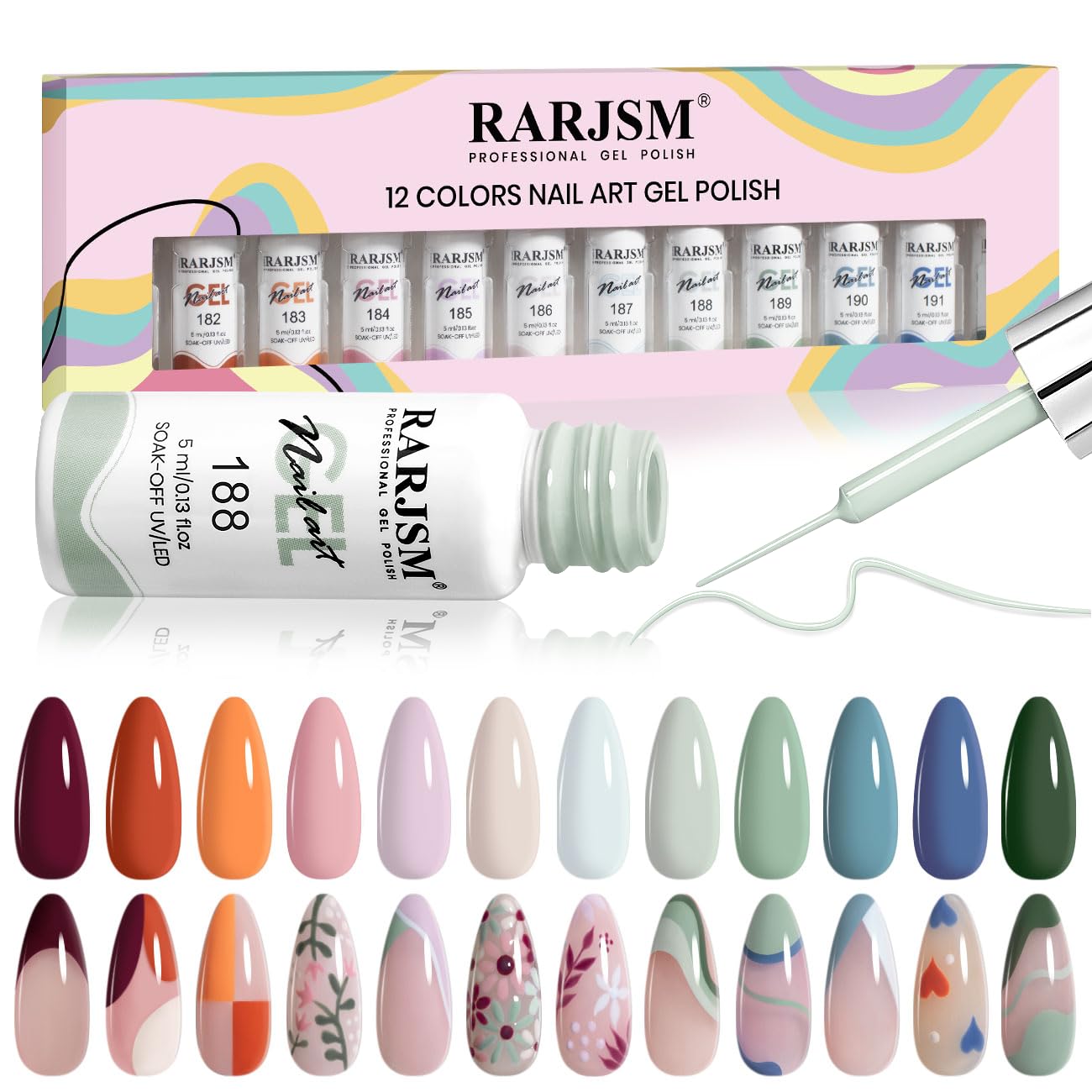 RARJSM Nail Art Gel Liner bottles close-up for crisp lines and detail.