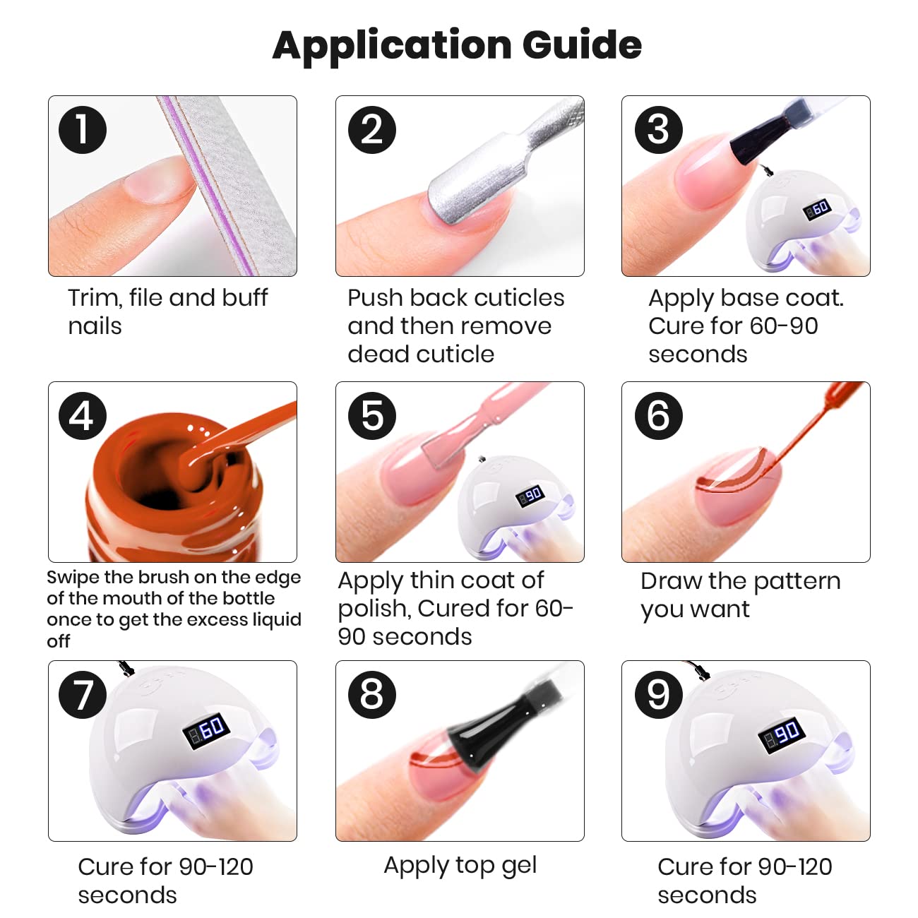Nail art on nails using liner gel for chic patterns.