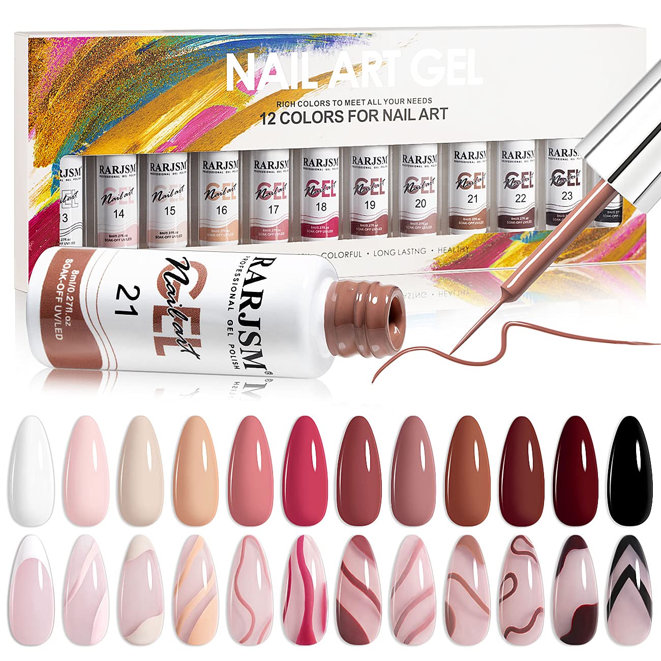 RARJSM Nail Art Gel Liner bottle swatches show color range for precise line art.