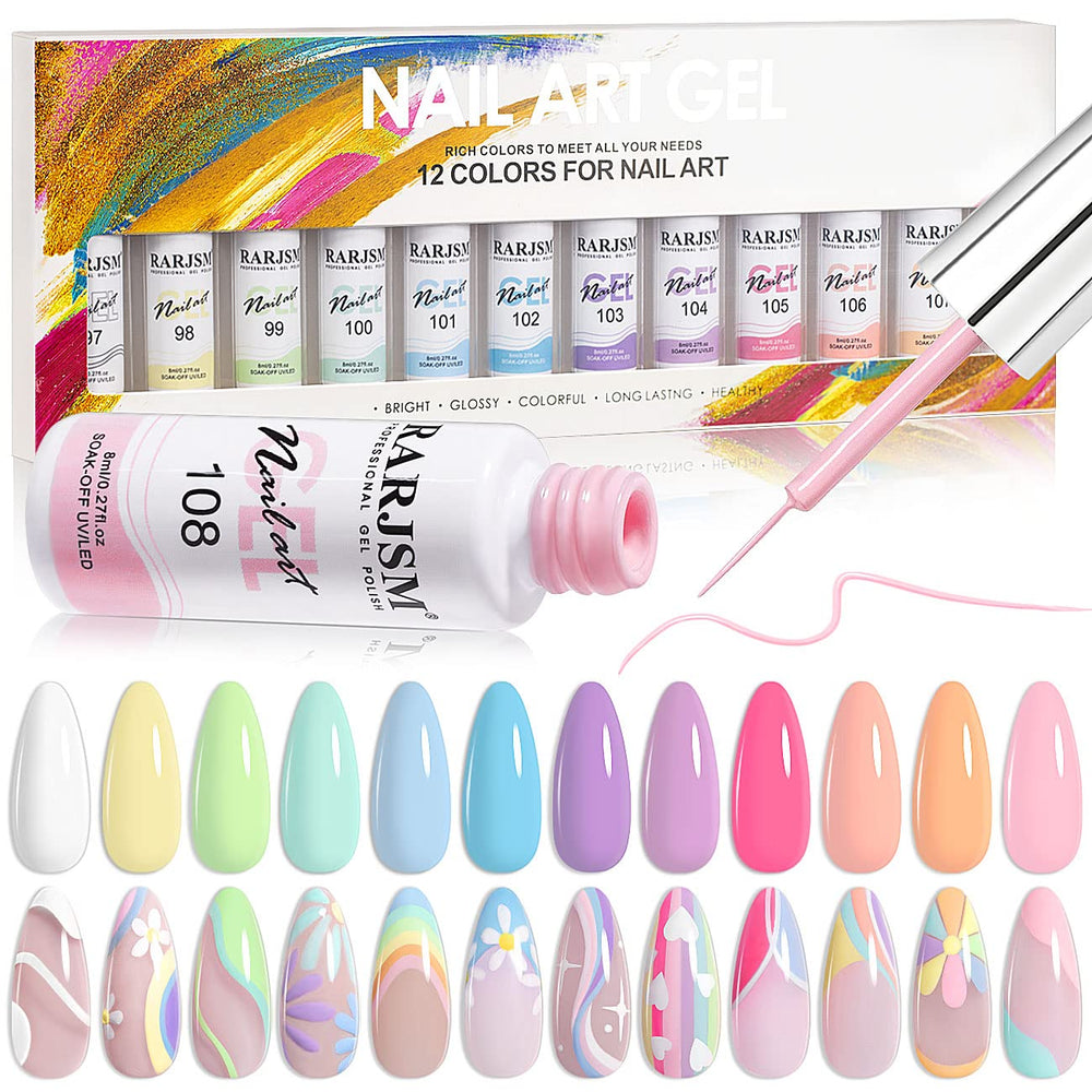 RARJSM pastel gel liner set bottles shown for versatile nail art ideas.