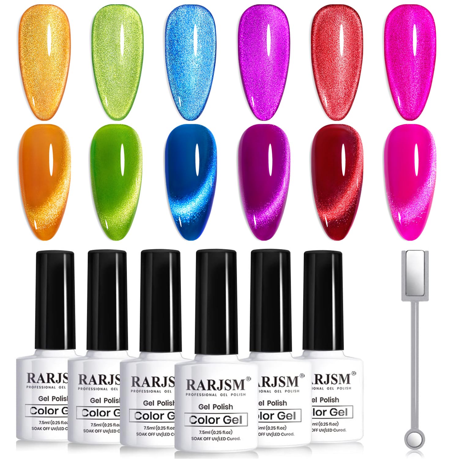 RARJSM neon cat eye nail polish set in 6 colors for at‑home looks.
