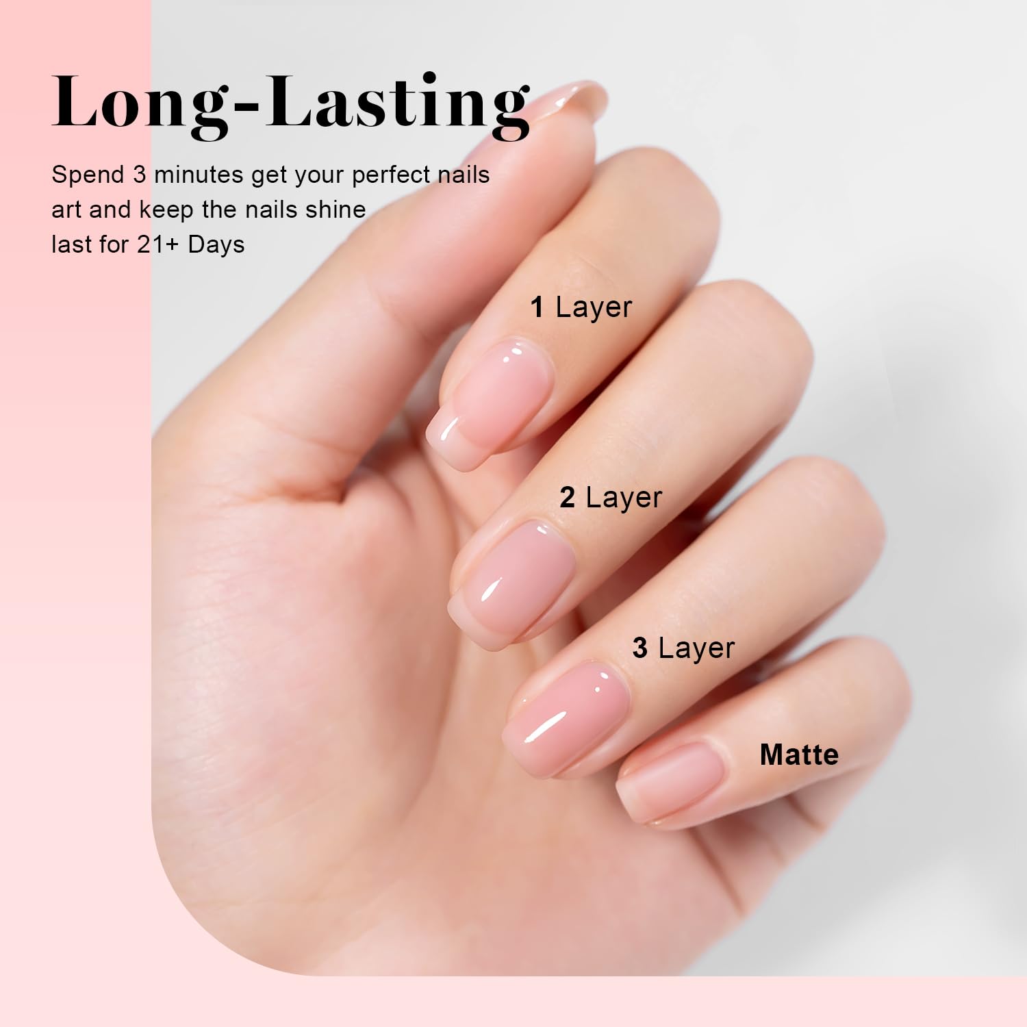 RARJSM nude gel polish bottle with UV-LED cure for long-lasting shine.