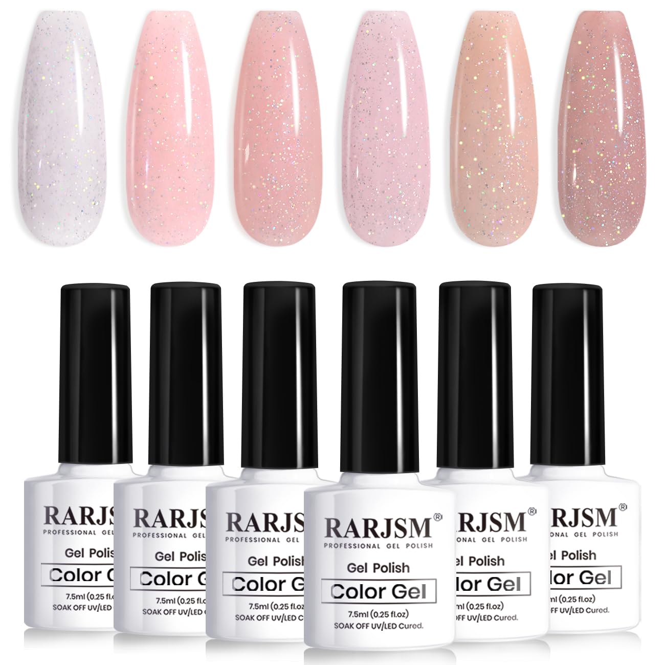 RARJSM Nude Glitter Gel Nail Polish 6pc set swatch shows iridescent shimmer for versatile wear.
