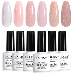 RARJSM Nude Glitter Gel Nail Polish 6pc set swatch shows iridescent shimmer for versatile wear.