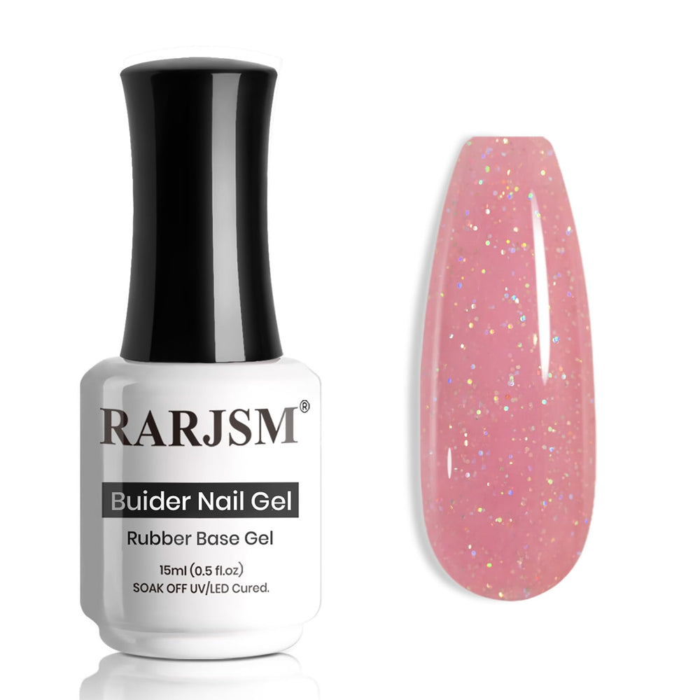 RARJSM nude glitter rubber base in rose pink provides a durable base with shimmer.