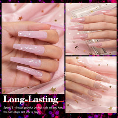 RARJSM glitter gel polish on nail bed under lamp shows lasting shine.