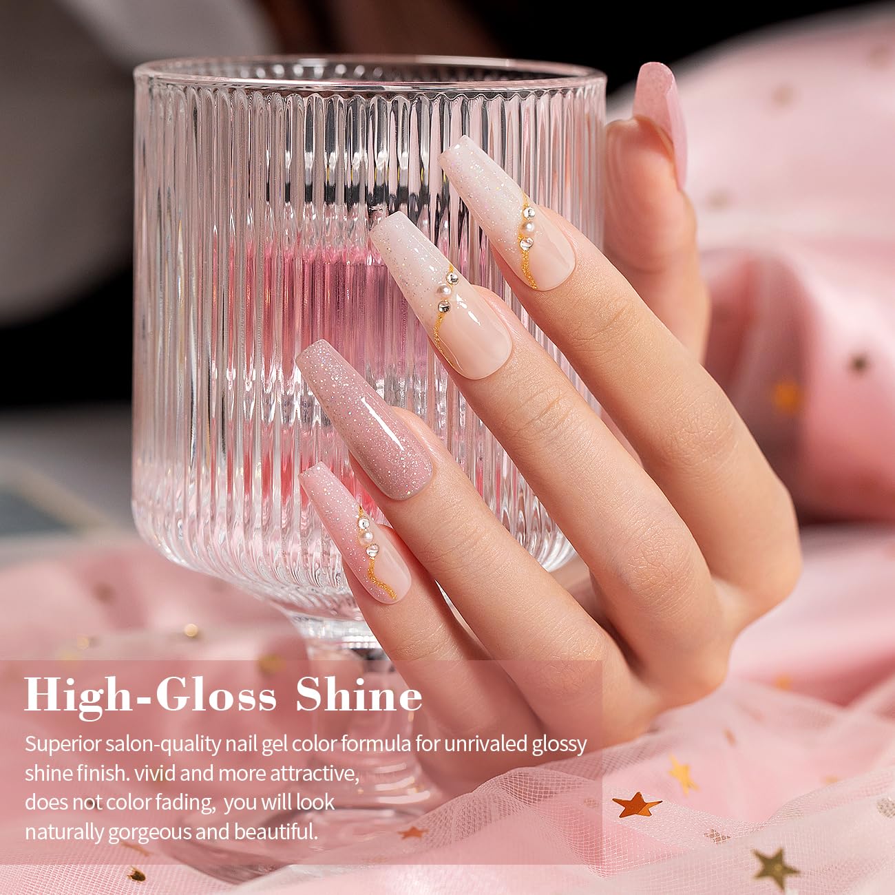 RARJSM swatch close-up reveals sheer nude base with glitter particles.