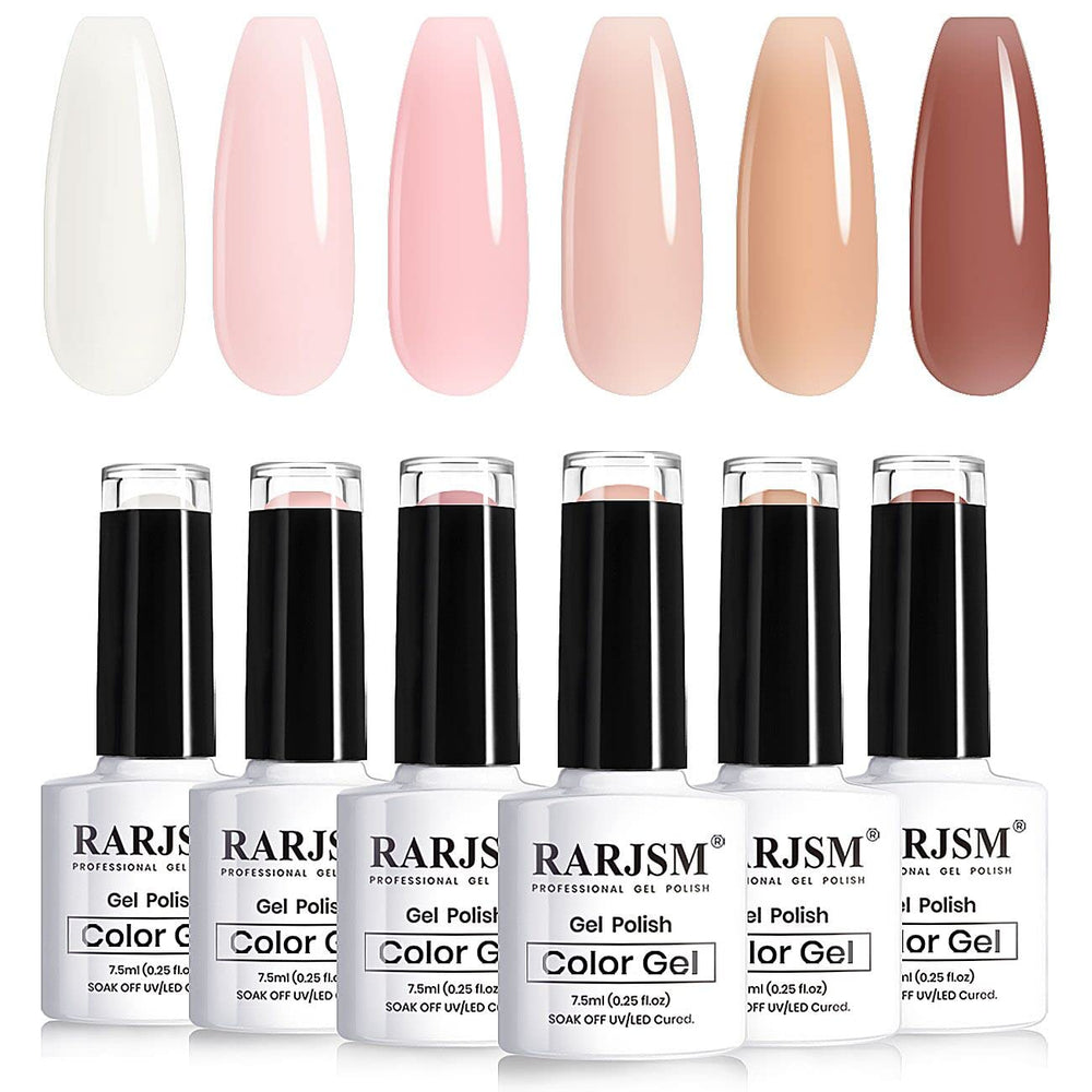 RARJSM nude sheer jelly pink bottle shows soft pink gel polish for natural nails.