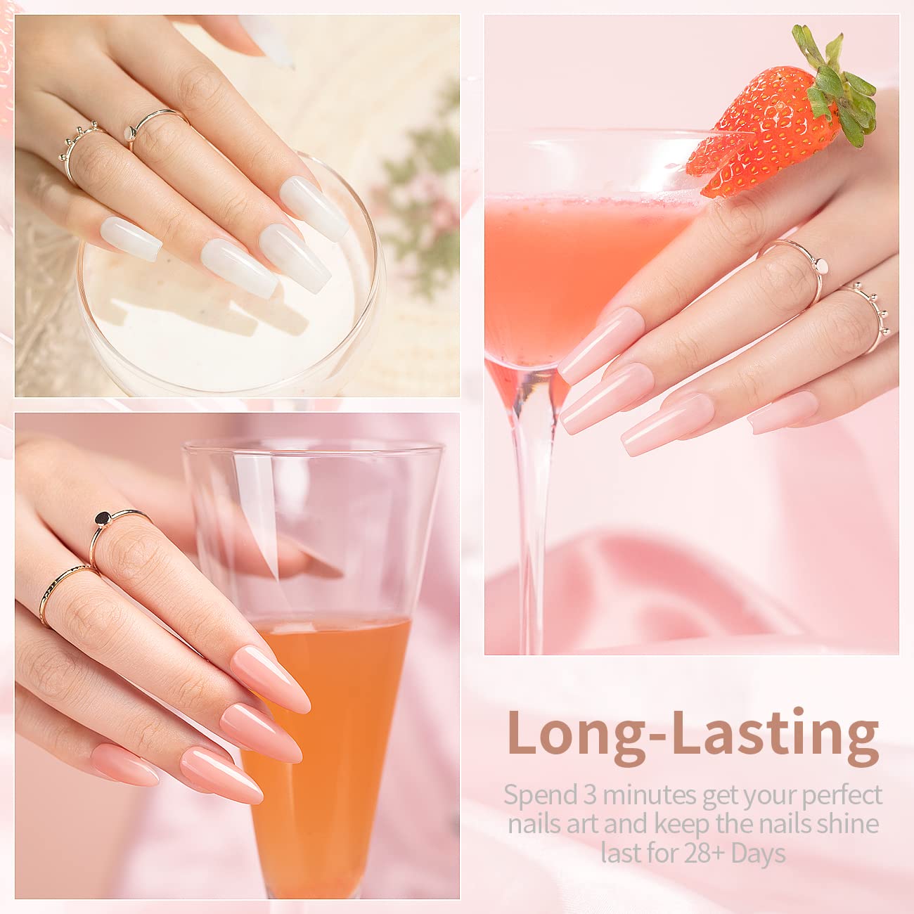 RARJSM nude jelly pink swatches illustrate translucent color options for everyday wear.