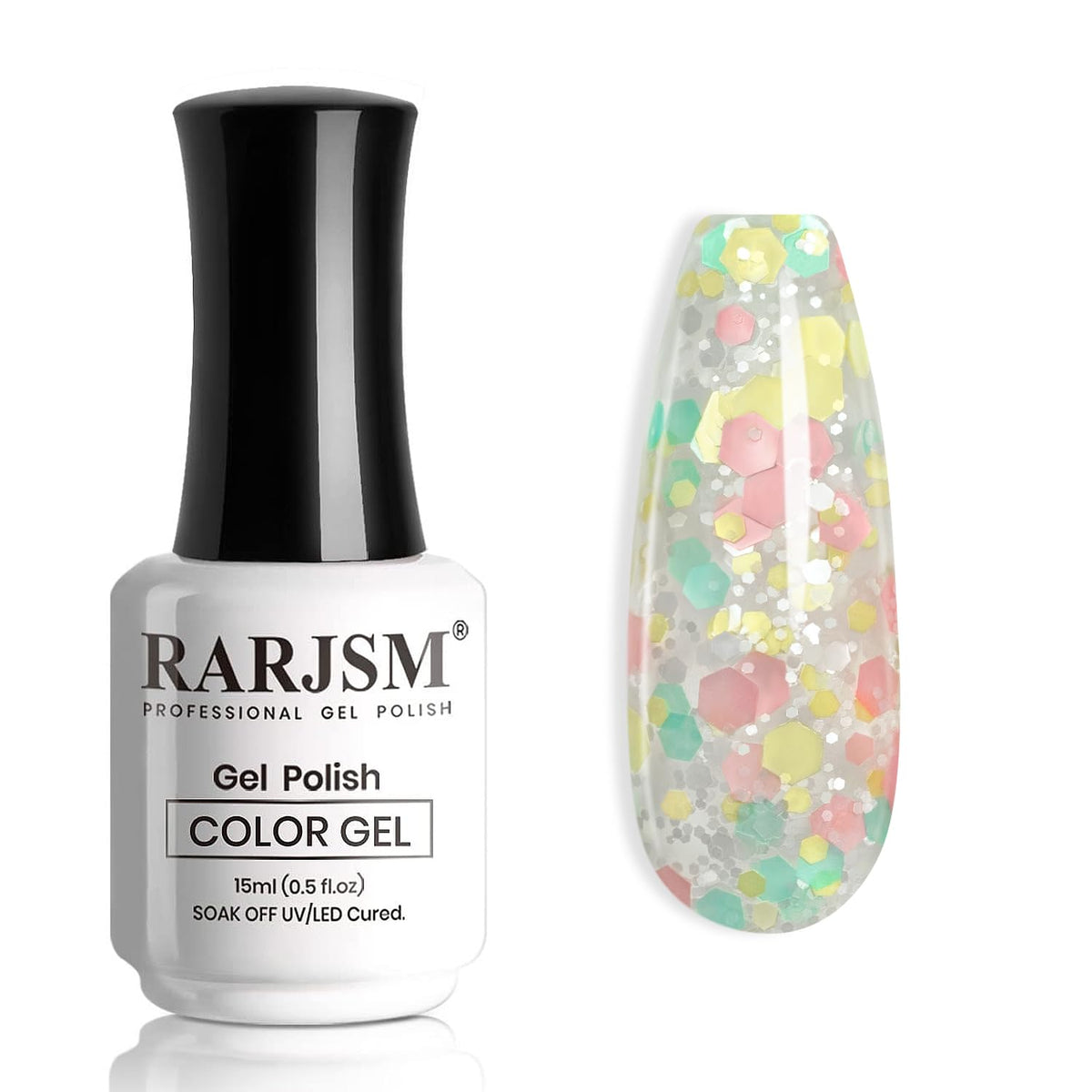 RARJSM pink-yellow-green glitter gel polish on nails showing vibrant pastel sparkle
