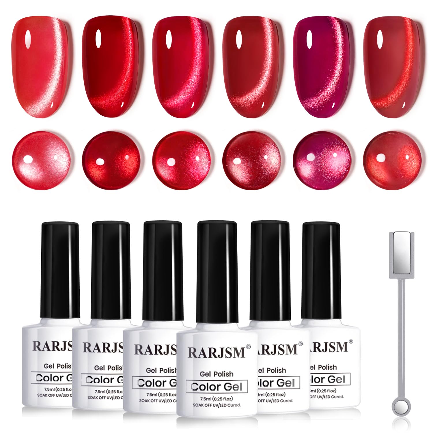 RARJSM Red Cat Eye Nail Polish Set six bottles close-up showing magnetic shimmer for a striking cat-eye effect