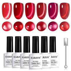 RARJSM Red Cat Eye Nail Polish Set six bottles close-up showing magnetic shimmer for a striking cat-eye effect