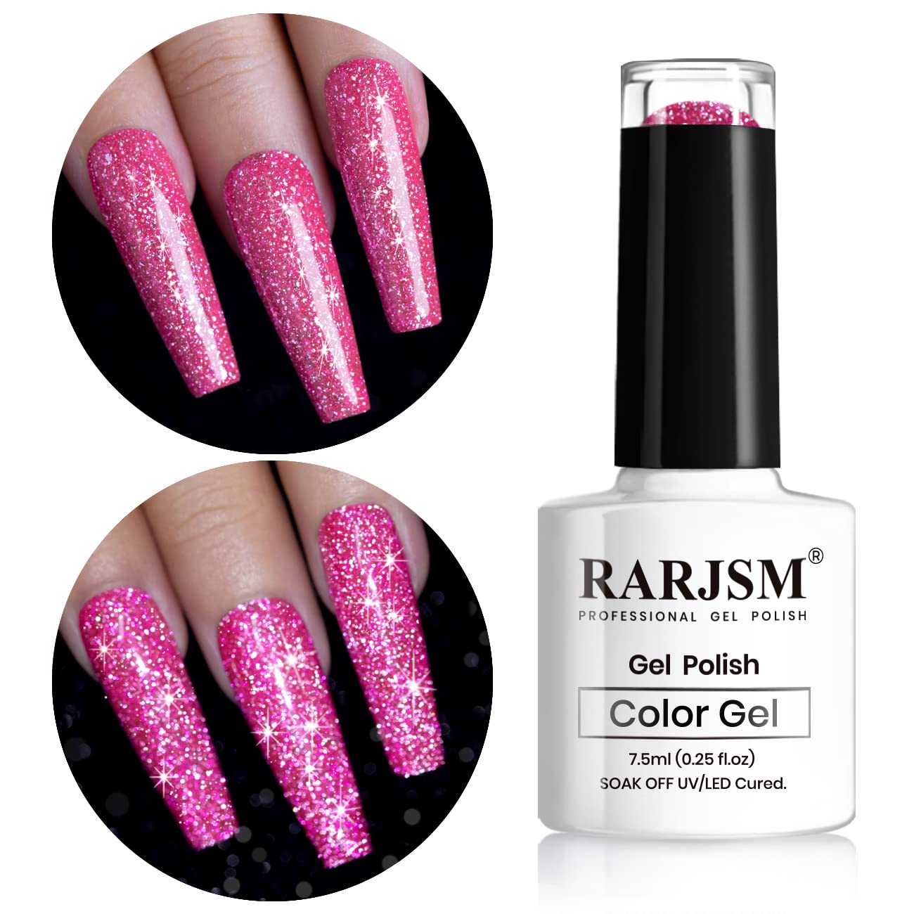 RARJSM reflective glitter gel nail polish bottle showing vibrant sparkle for glam nails