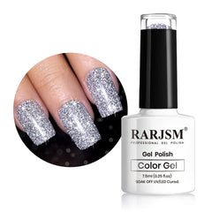 RARJSM Reflective Glitter Gel Polish bottle closeup showing vivid holographic color for striking nails