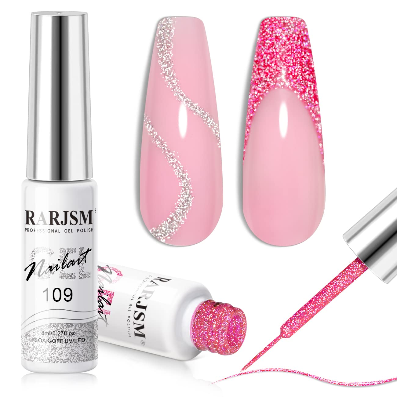 RARJSM reflective silver gel nail art shines under light for dramatic nails.