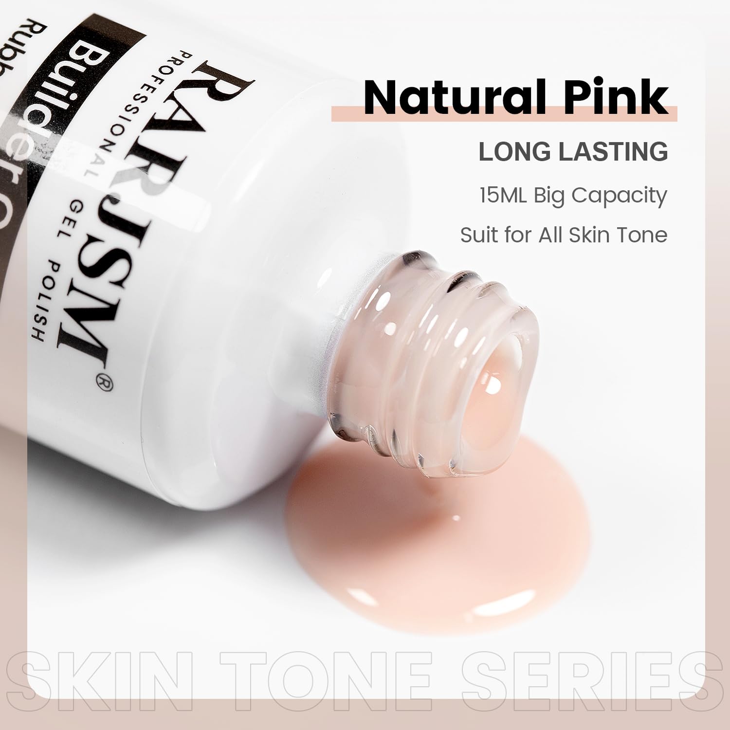 RARJSM Rubber Base Coat Nude Pink cap; 15 ml bottle emphasizes value for manicures.