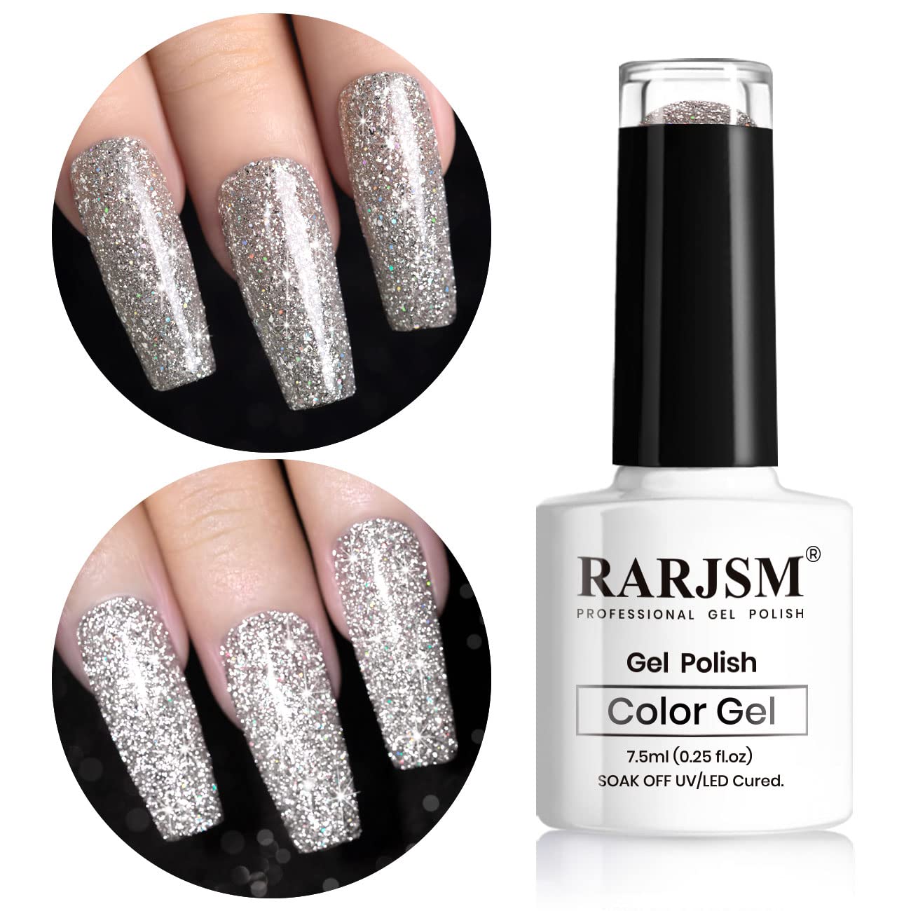 RARJSM Silver Glitter Gel Polish bottle with iridescent sparkle for at-home nail art.