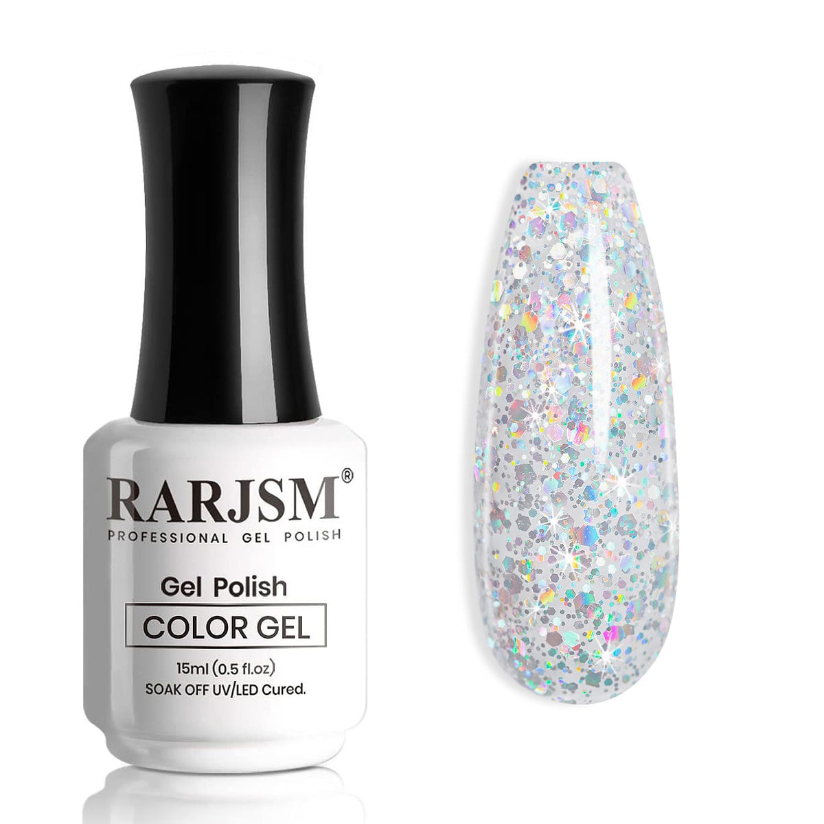 RARJSM silver glitter gel polish bottle with sparkling finish for at-home manicures.