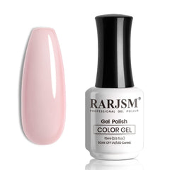 RARJSM translucent pink gel polish bottle showing a natural manicure.