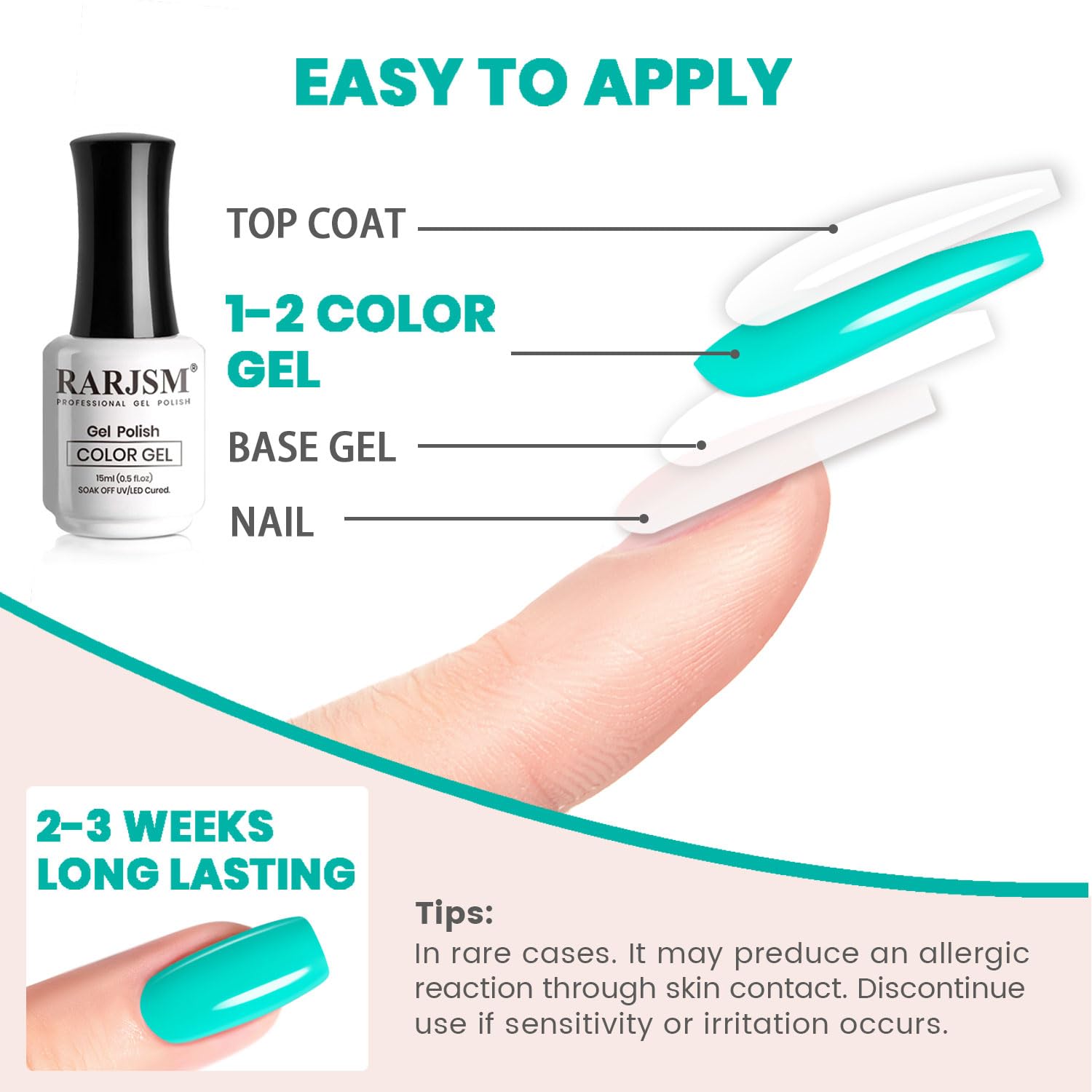RARJSM turquoise blue gel nail polish base and top coat setup for durability