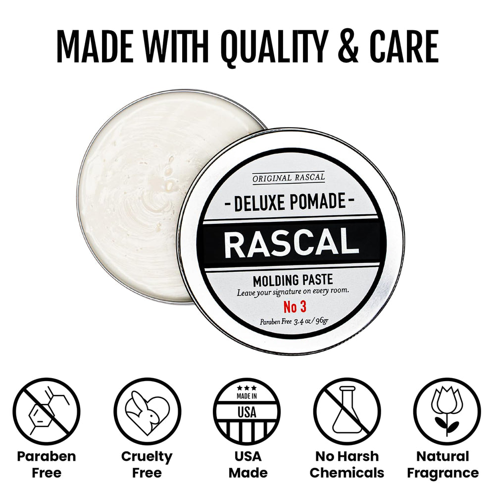 Beeswax and mineral oil ingredients label on Rascal Deluxe Pomade jar.