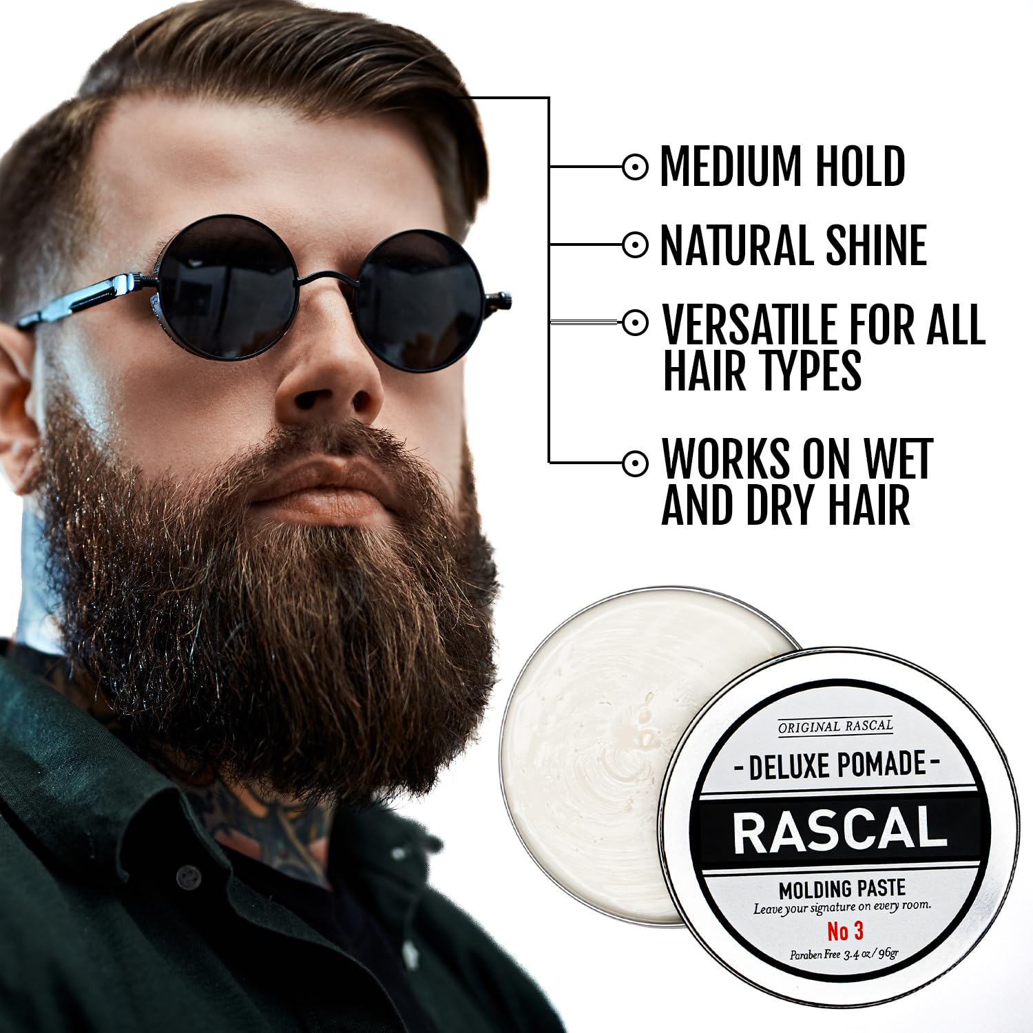 Rascal Deluxe Pomade #3 jar back highlighting ingredients and benefits.