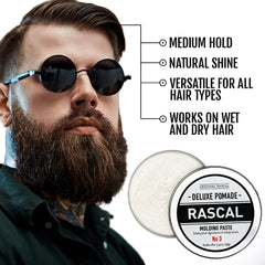 Rascal Deluxe Pomade #3 jar back highlighting ingredients and benefits.