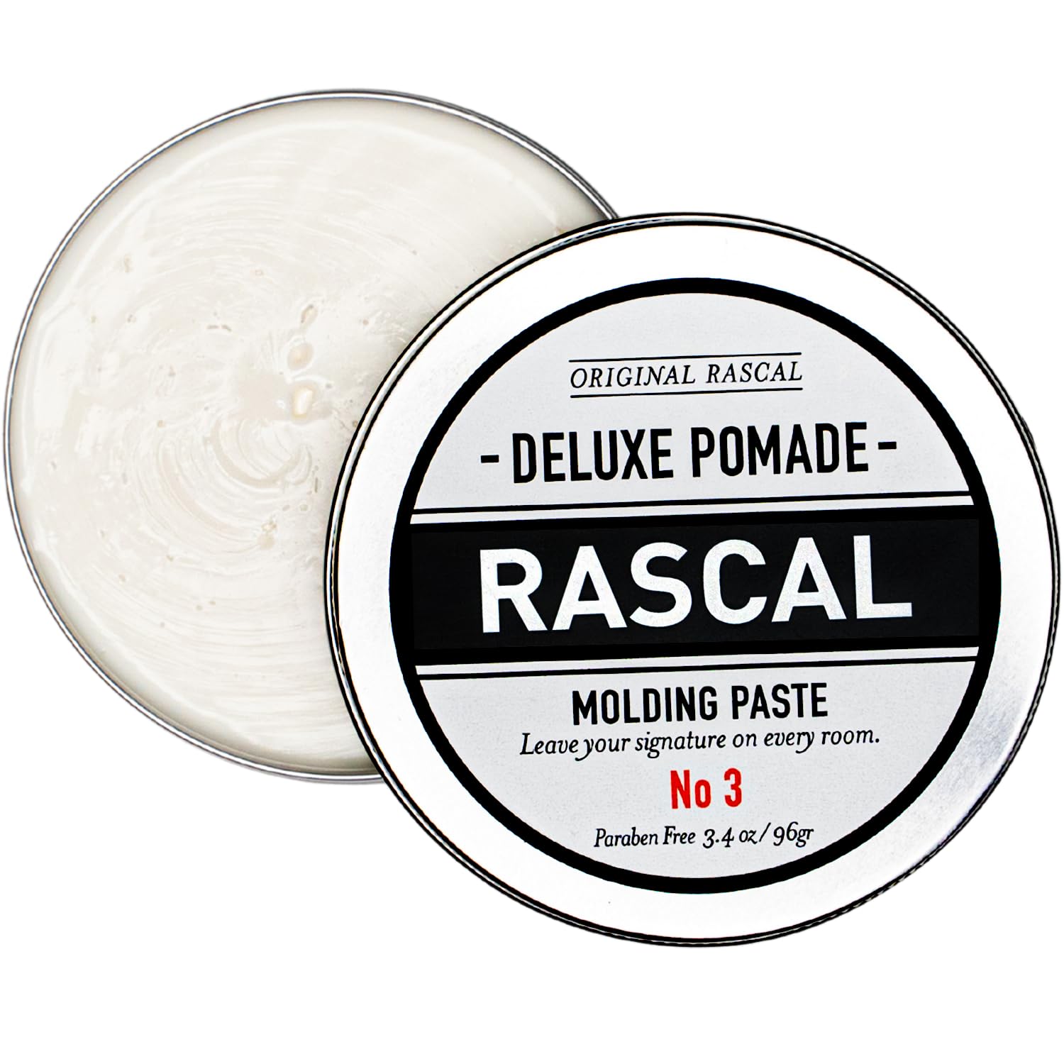 Rascal Deluxe Pomade #3 jar front showing matte hold and natural shine.