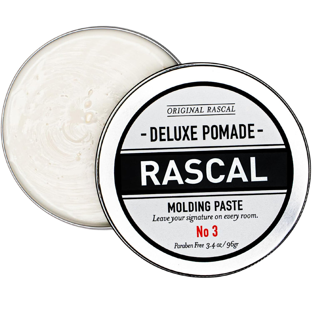 Rascal Deluxe Pomade #3 jar front showing matte hold and natural shine.