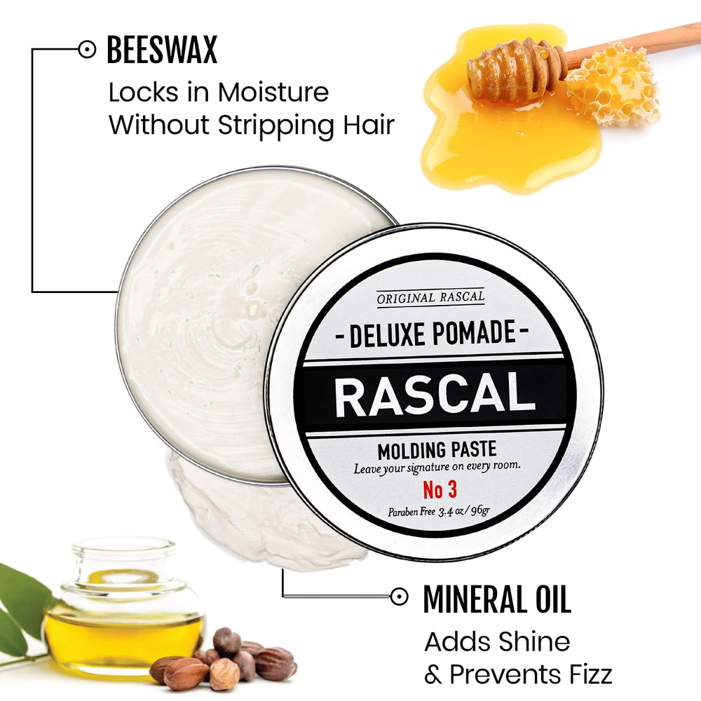 Rascal Deluxe Pomade packaging box showcasing compact travel-friendly design.