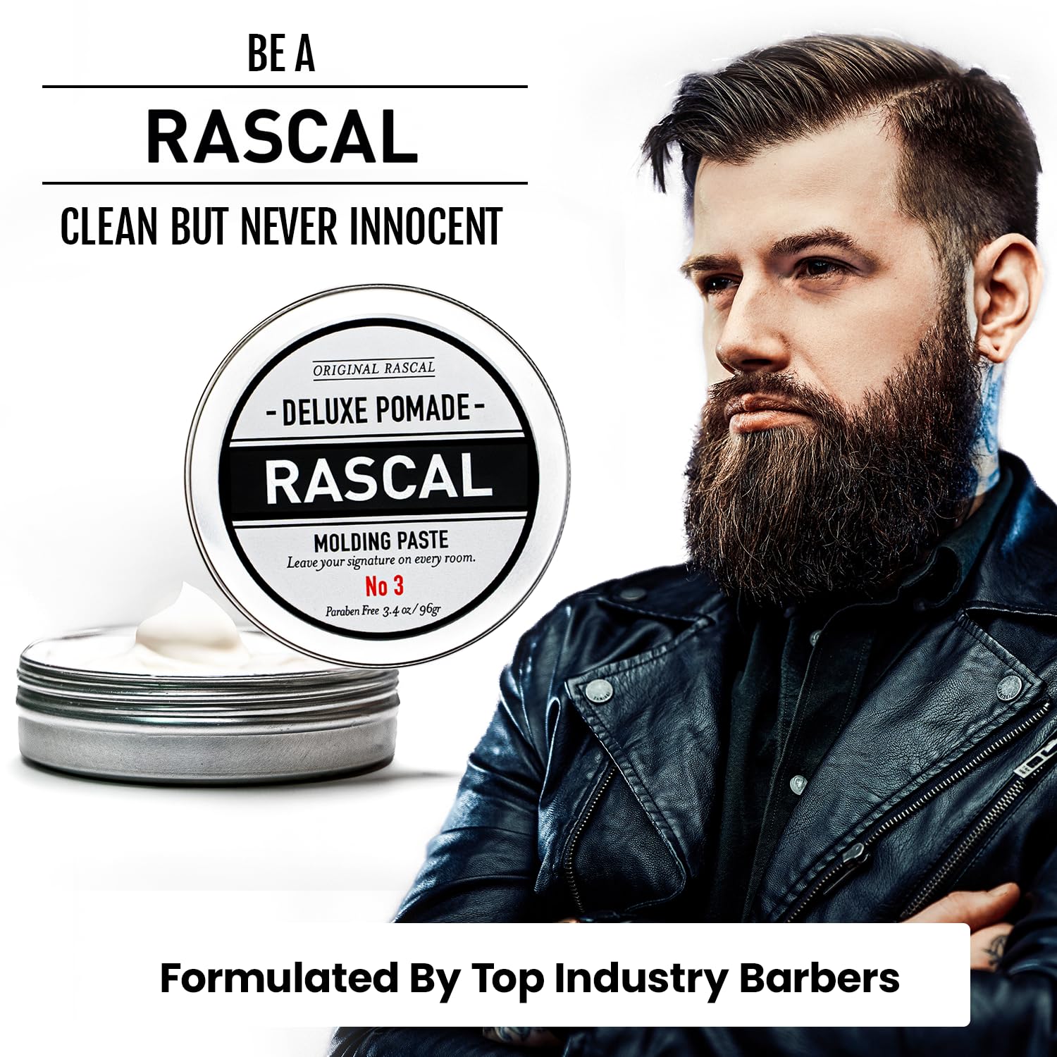 Styled hair with Rascal Deluxe Pomade #3 displaying a matte, controlled look.