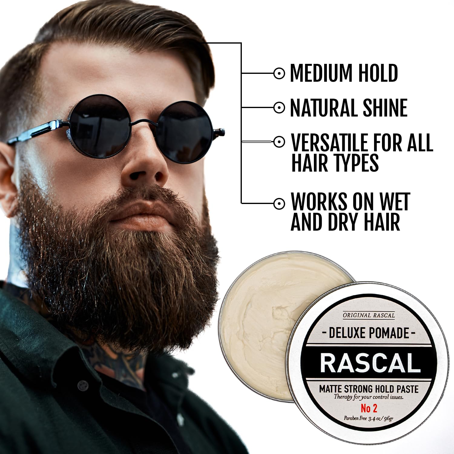 Rascal Original Deluxe Pomade strong-hold helps maintain bold styles all day