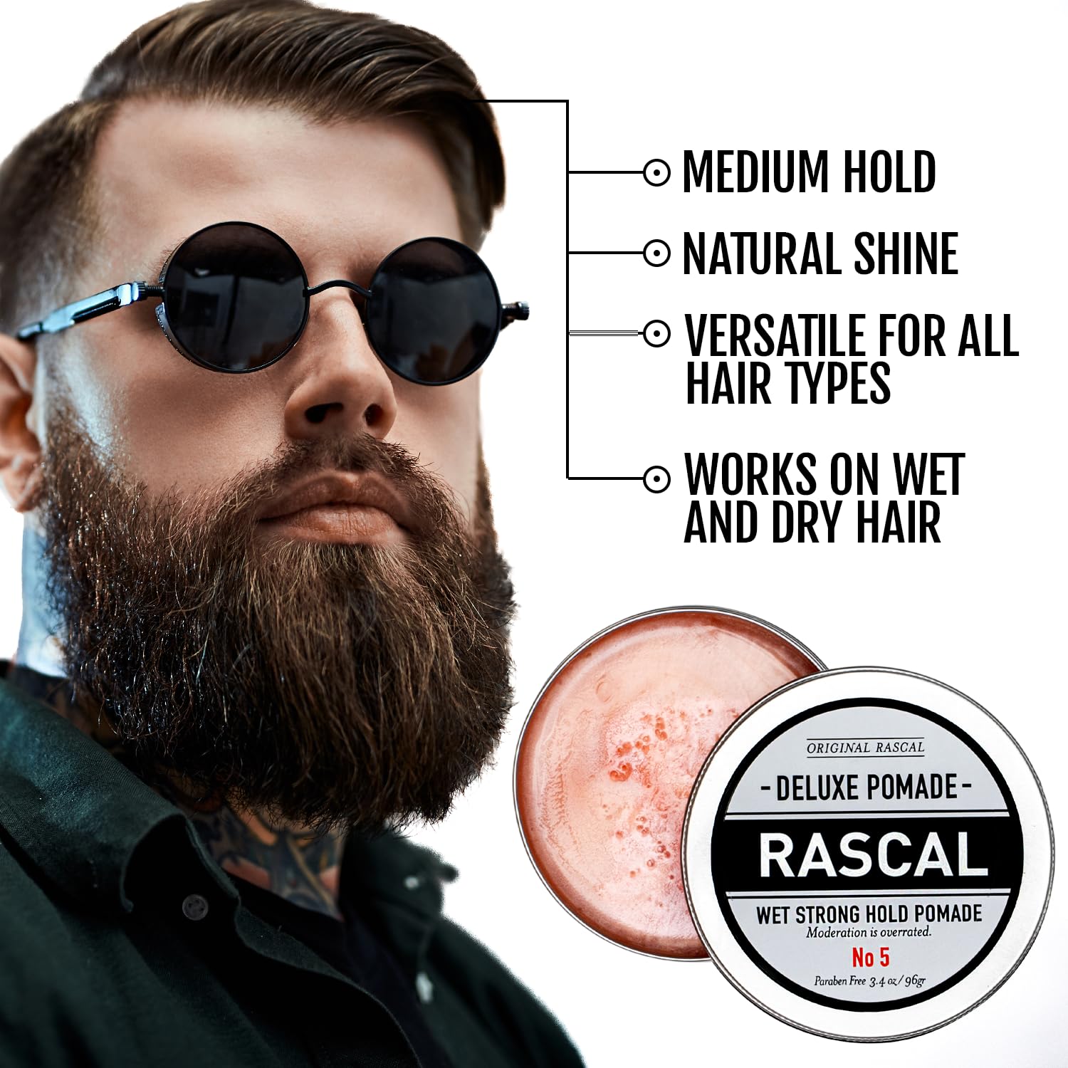 Rascal Original Deluxe Pomade 5 jar close-up highlighting rich texture for styling