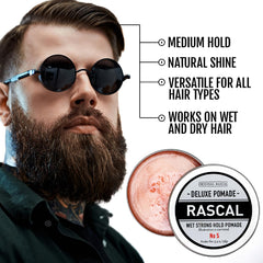 Rascal Original Deluxe Pomade 5 jar close-up highlighting rich texture for styling
