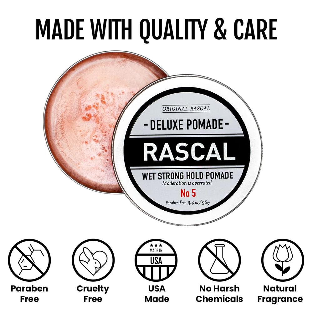 Rascal Original Deluxe Pomade 5 packaging display ideal travel-ready grooming