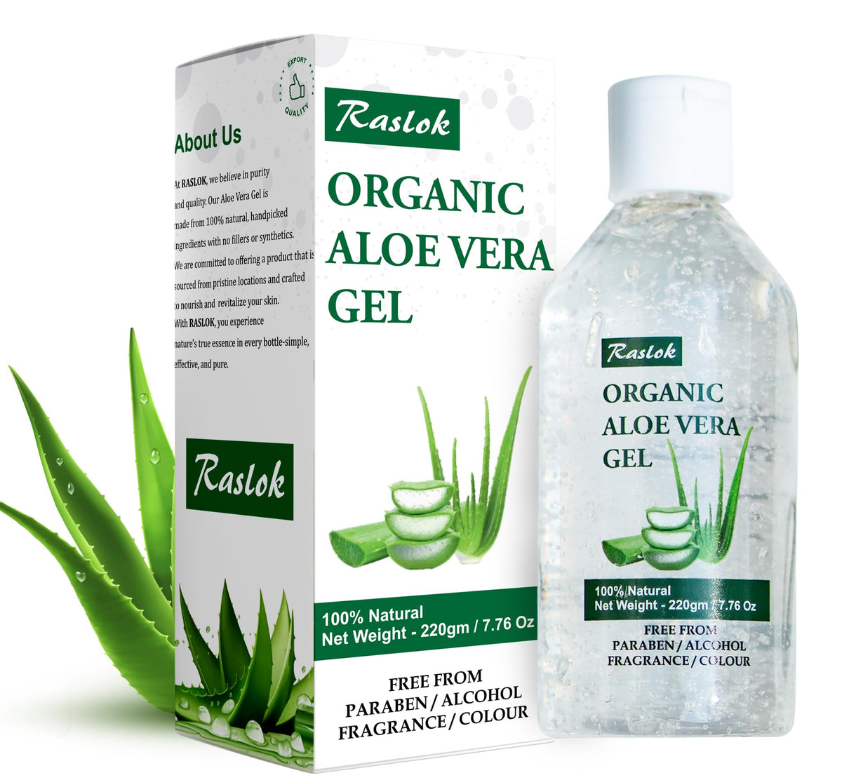 Raslok Aloe Vera Gel bottle close-up showing purity and natural ingredients for hydrating skin.
