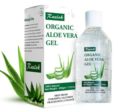 Raslok Aloe Vera Gel bottle close-up showing purity and natural ingredients for hydrating skin.
