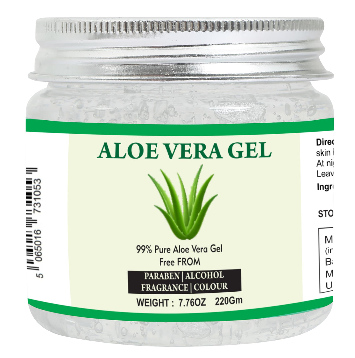 Raslok Aloe Vera Gel bottle close-up highlights pure aloe formula for skincare.