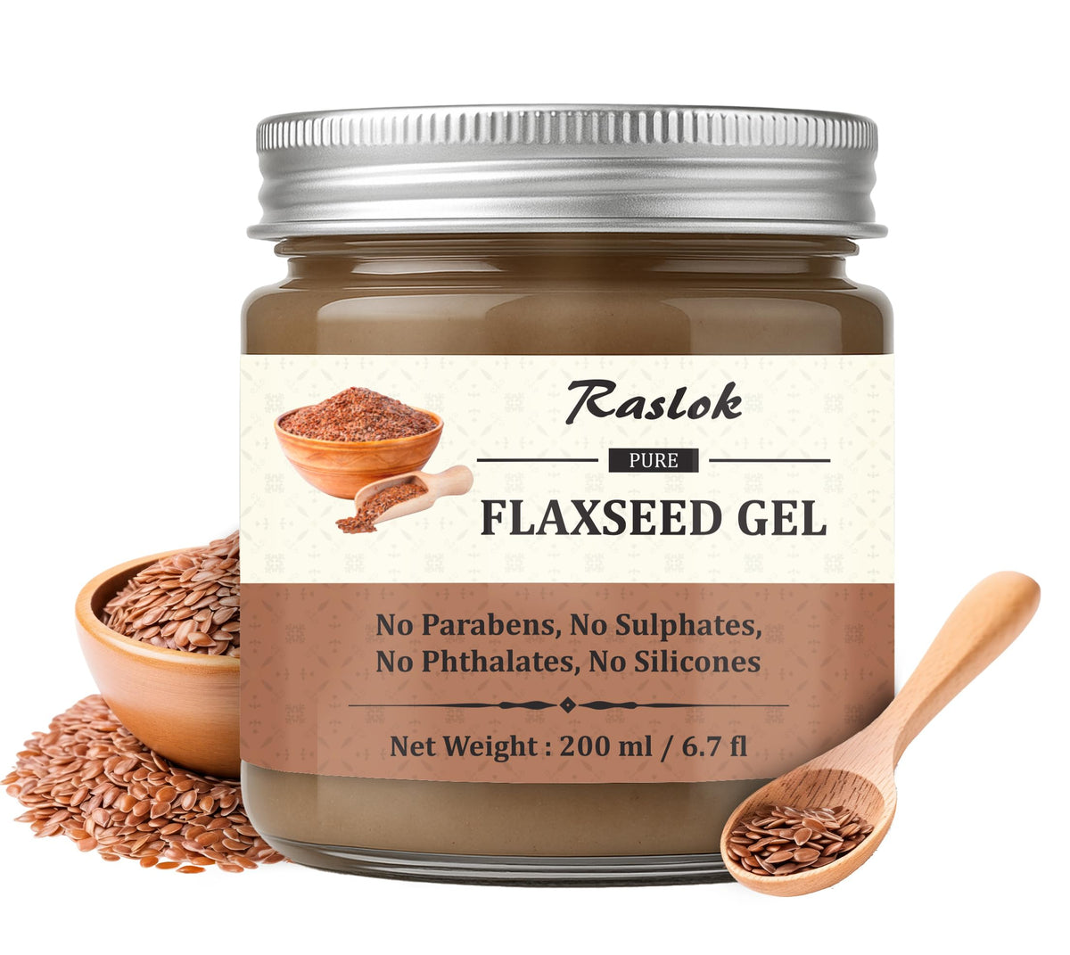 Raslok Pure Flaxseed Gel bottle close-up highlighting lightweight, non-greasy formula.