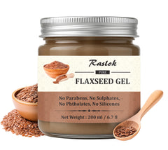 Raslok Pure Flaxseed Gel bottle close-up highlighting lightweight, non-greasy formula.