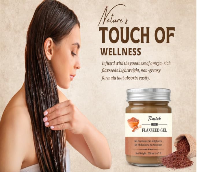 Raslok Pure Flaxseed Gel being applied to hair shows gentle, lightweight hold.