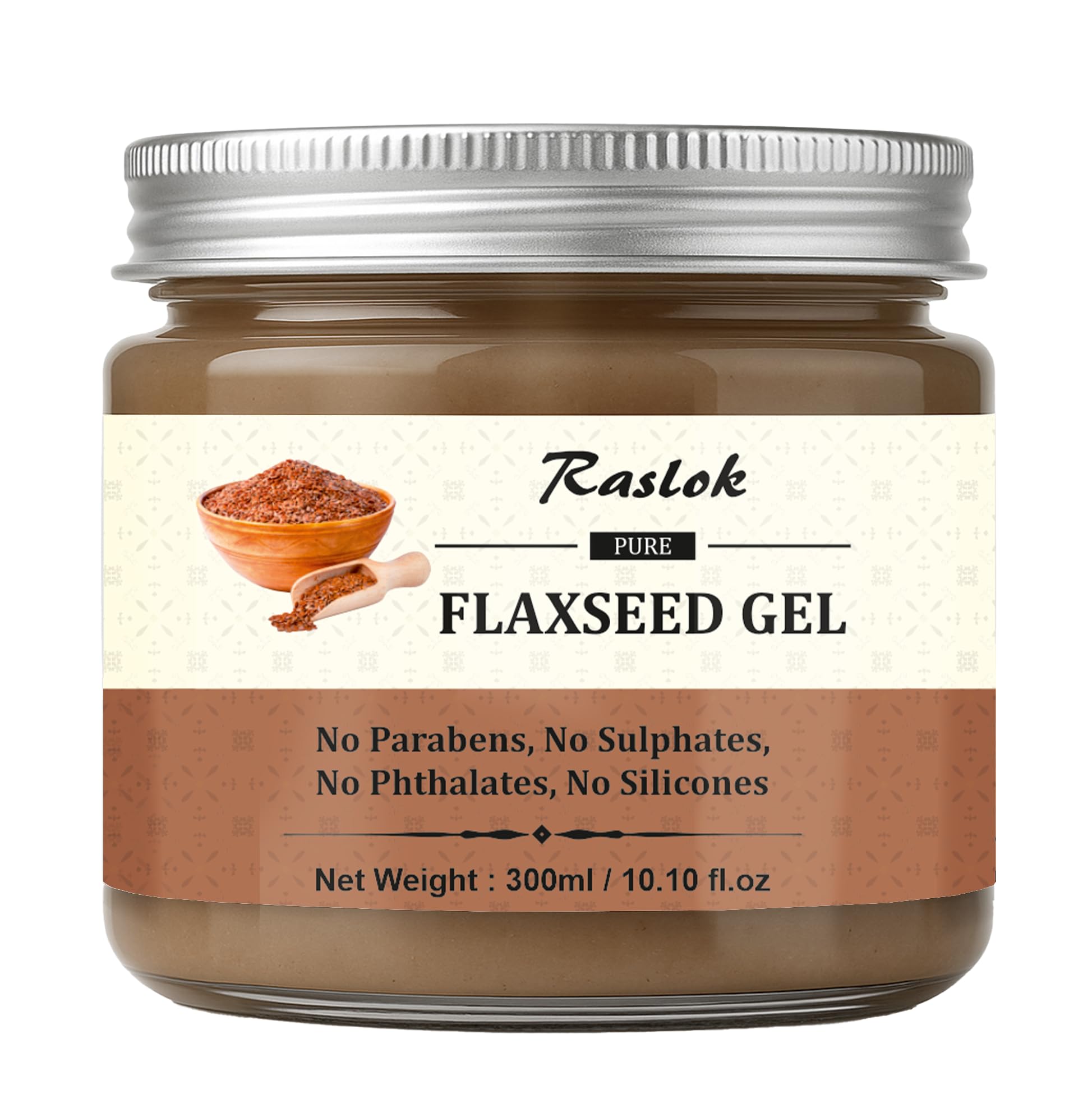 Raslok Pure Flaxseed Gel ingredients panel highlights safety and no sulfates